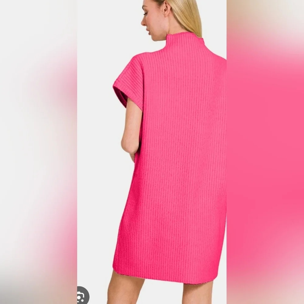 Zenana New In Poly Bag Vibrant Pink Mock Neck Ribbed Knit Dress M:Bust 37-38 in - Picture 2 of 7